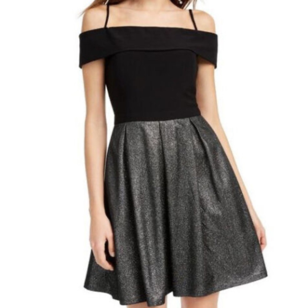 Black Off the Shoulder Metallic Mini Dress 3